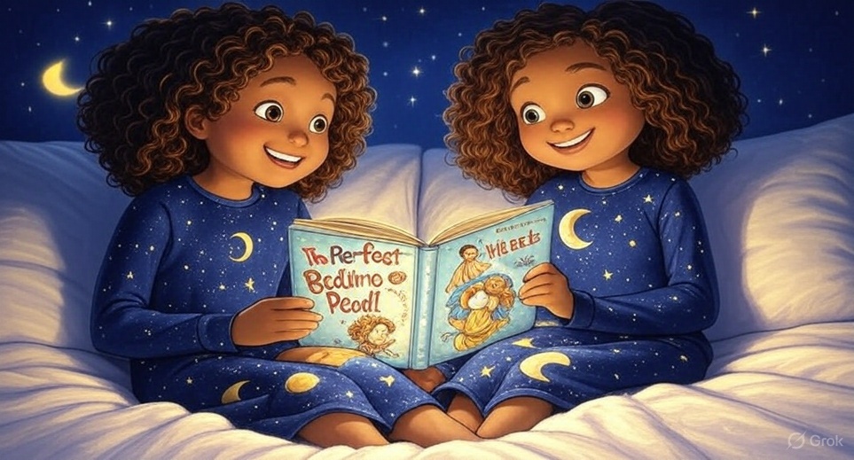 Twin girls reading different versions of the book